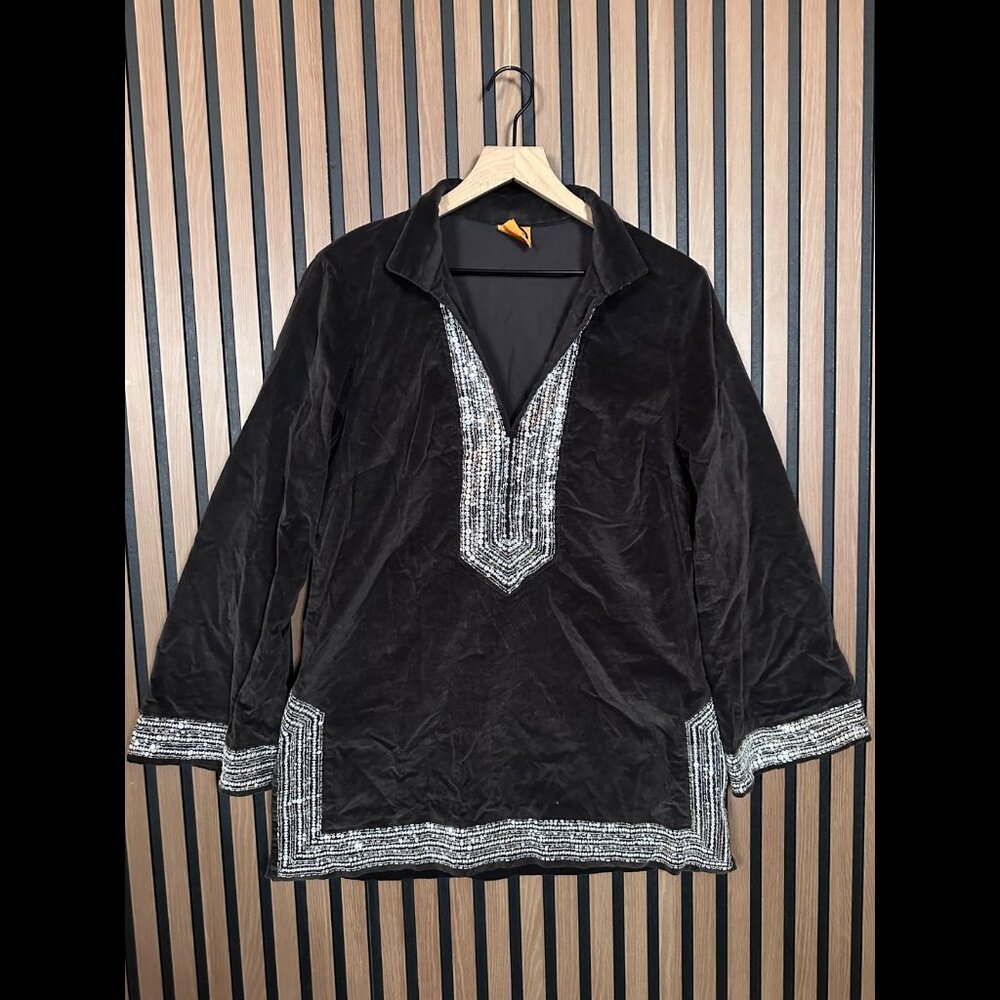 Tory Burch Tunic Top OS Black Embellished Trim Crushed Velvet Stretch Popover